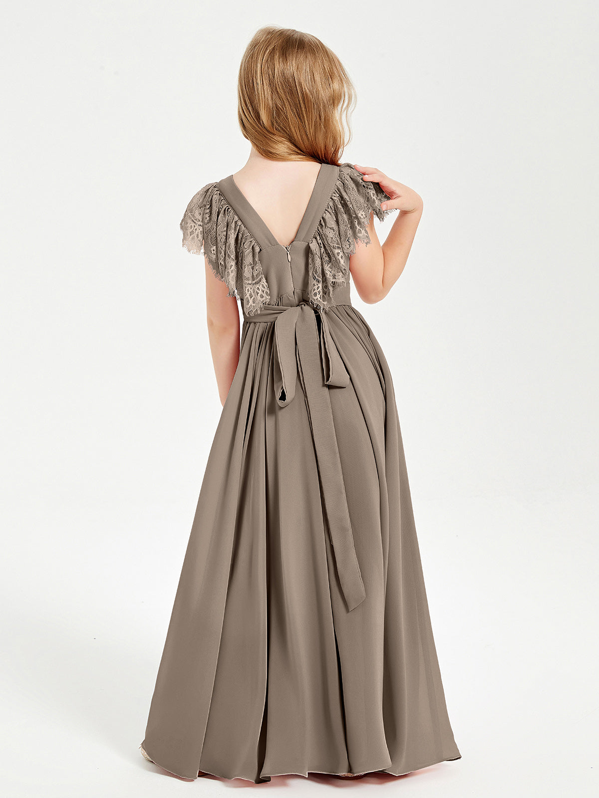 Chiffon Junior Bridesmaid Dresses with Lace Flutter Sleeves Taupe